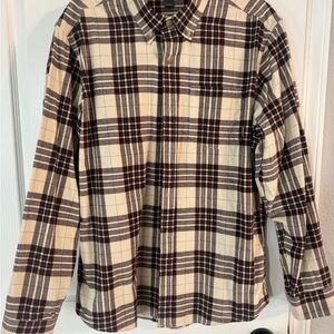 Eddie Bauer Cream and Brown Plaid Button Down Shirt